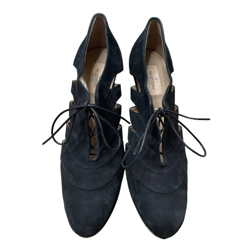 Valentino Black Suede Cutout Lace-Up  Booties 40 10 - Picture 3 of 7